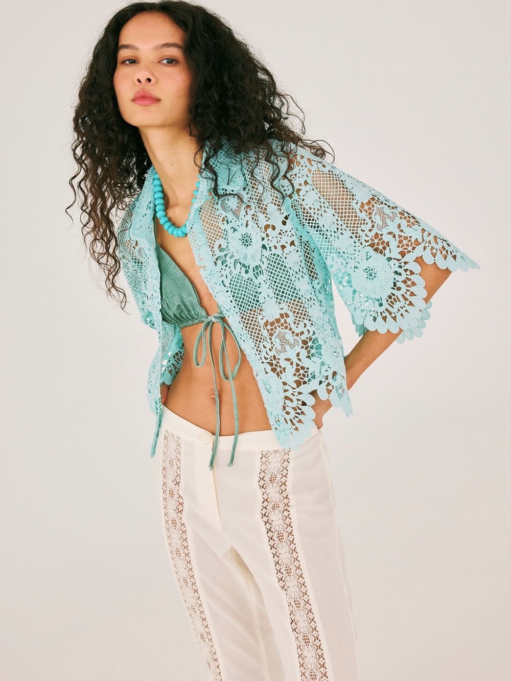 Free People The Farra  Pica Dyed Aqua Crochet Lace Shirt Jacket NWT